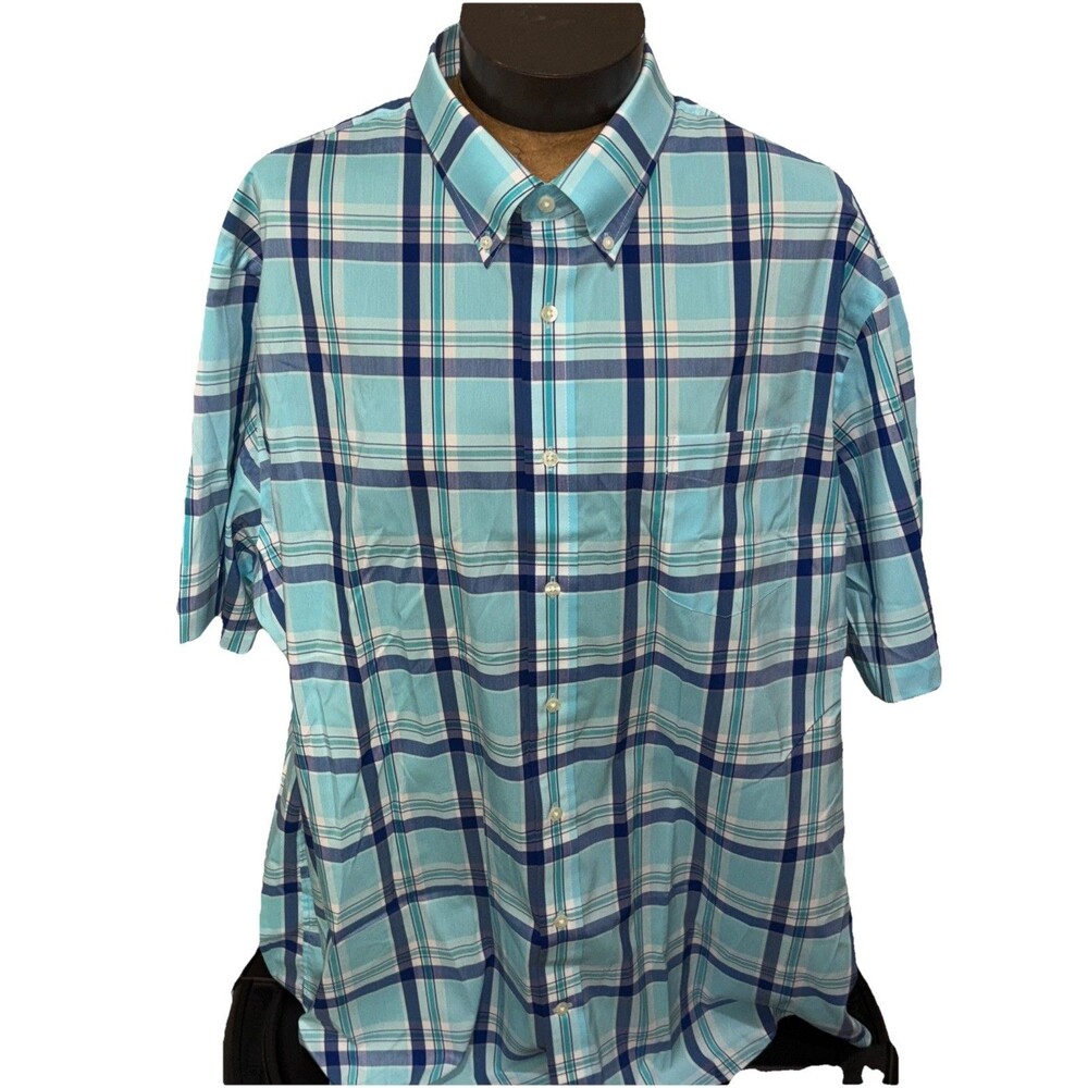 Lands End CoolMax Shirt Mens XXL /T Blue Check Button Down Traditional Fit